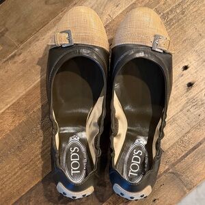 Tod's Two-Tone Olive Green and Tan Flats with Buckle